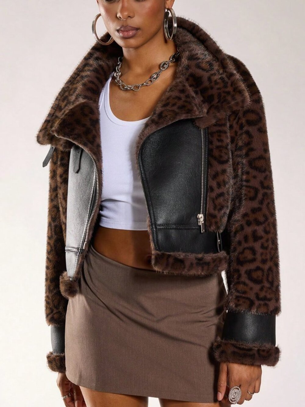 Brown Casual Women's Leopard Zip Loose Fit Waterfall Neck Short Biker Jacket